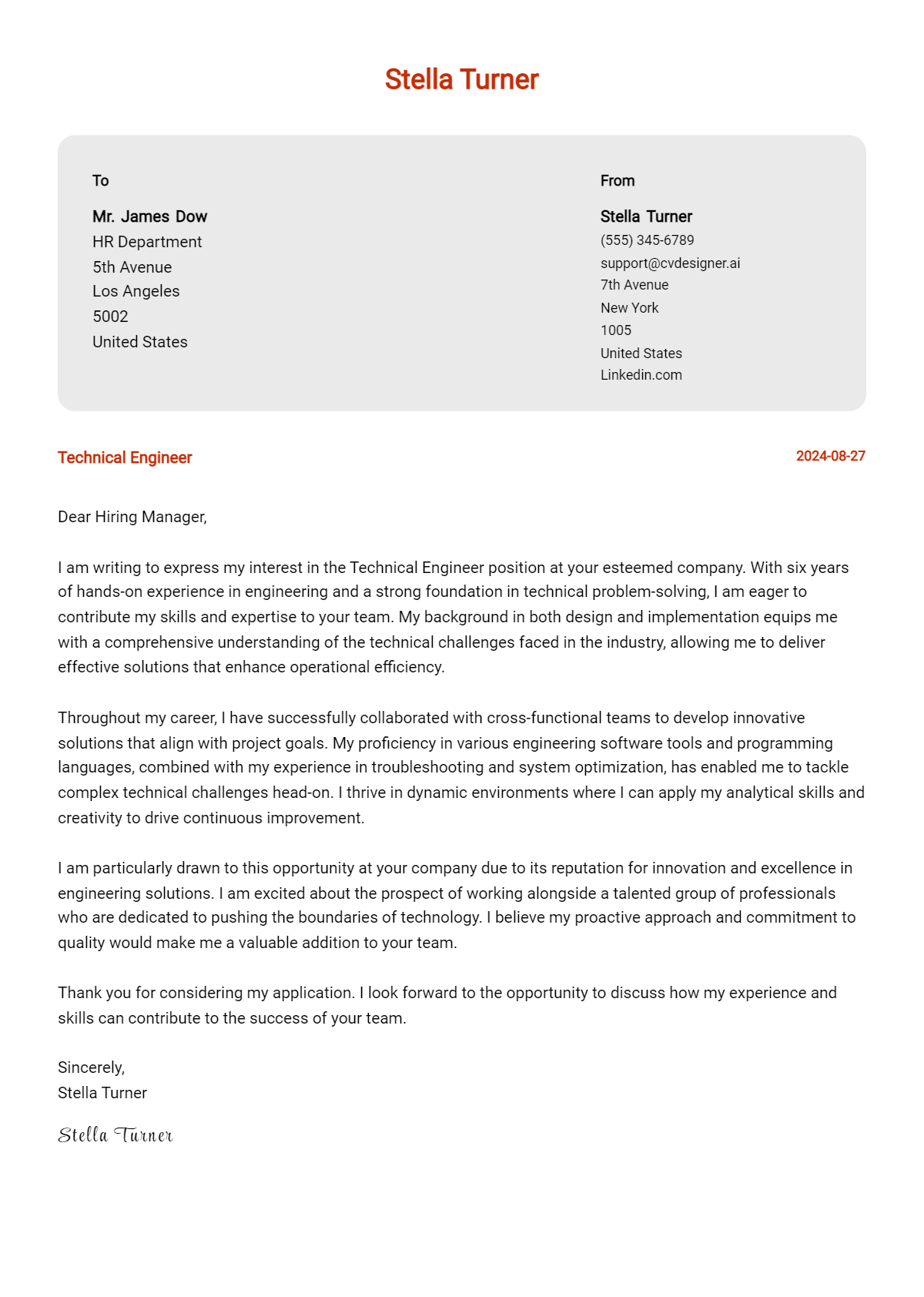 technical engineer cover letter example