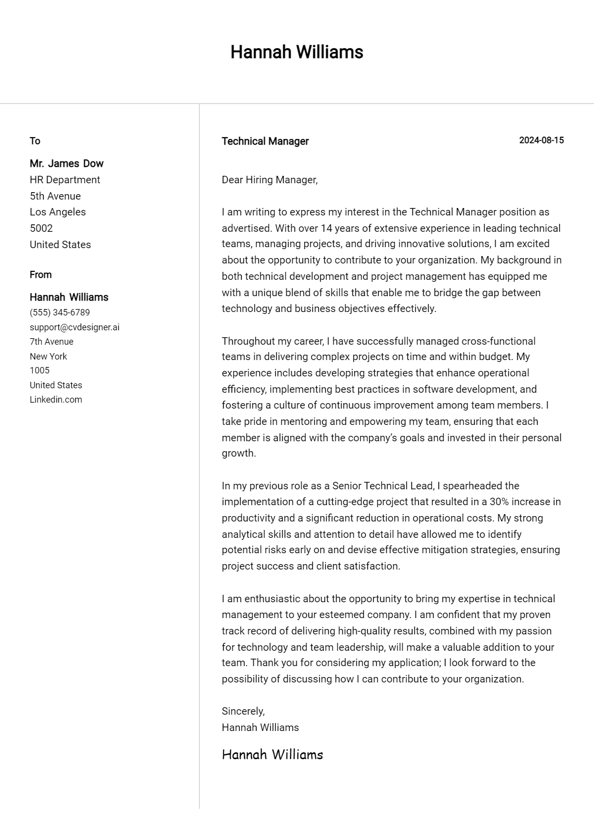technical manager cover letter example
