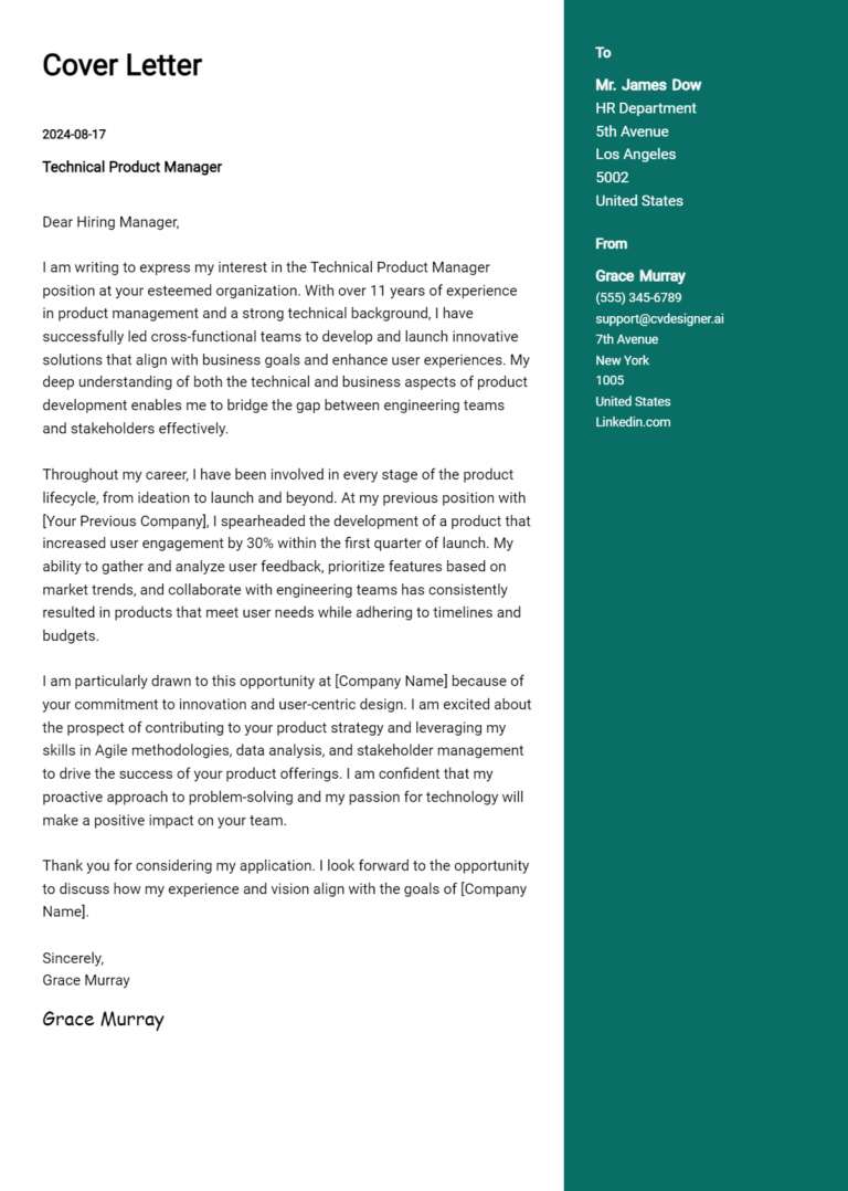 Technical Product Manager Cover Letter Examples with Writing Tips for 2025