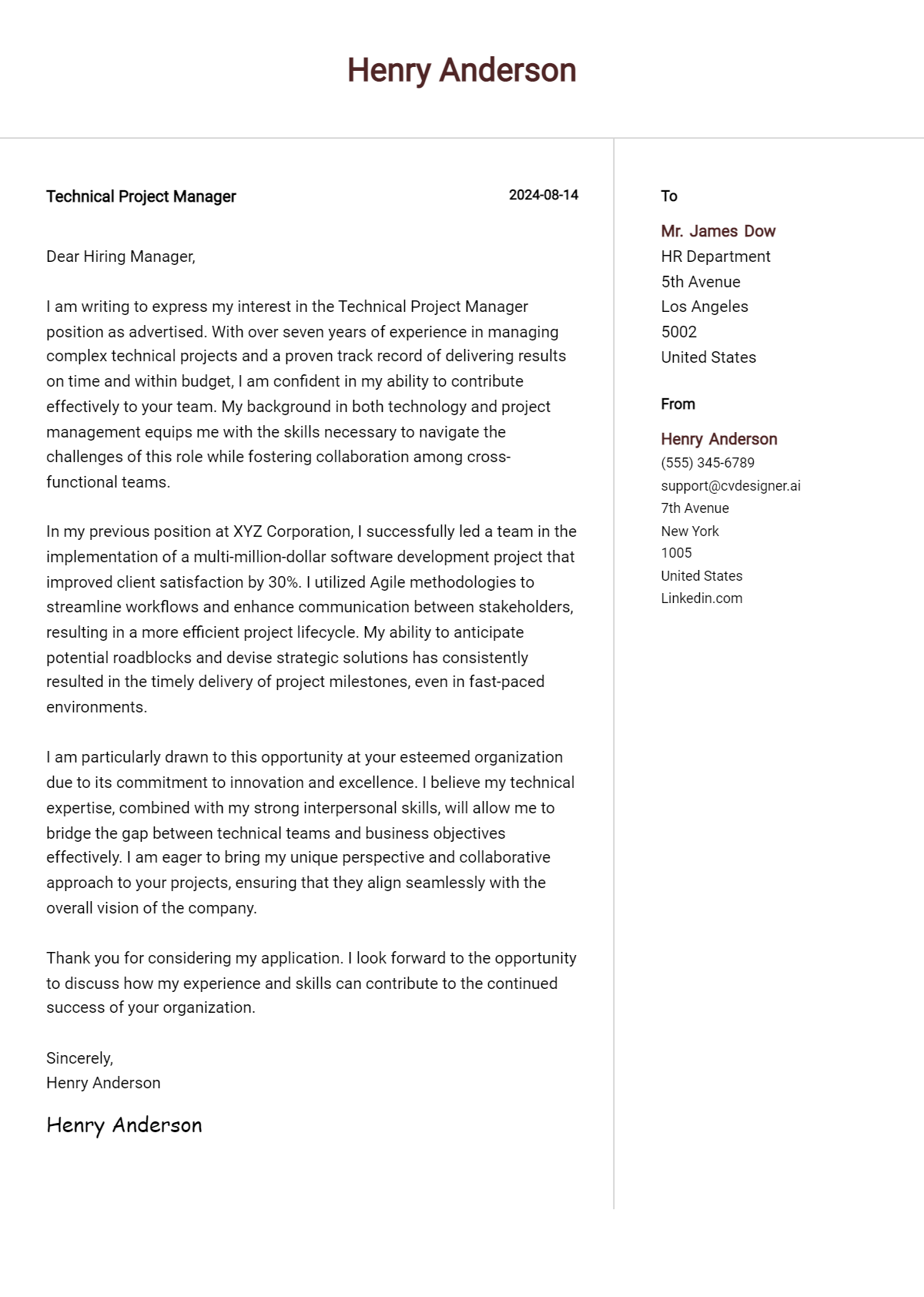 technical project manager cover letter example