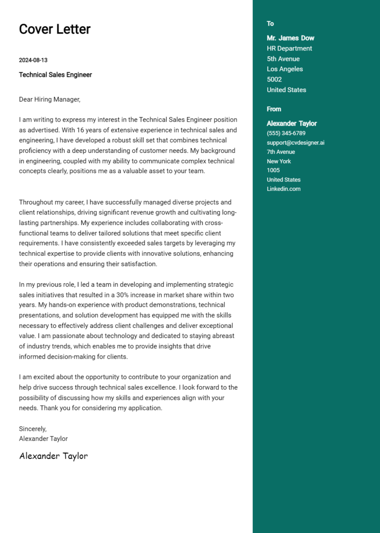 Technical Sales Engineer Cover Letter Example for 2025: Proven Tips