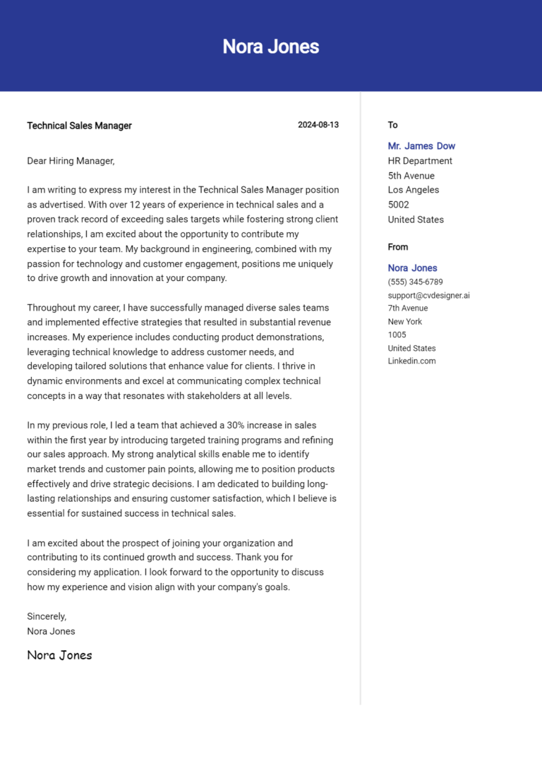 Technical Sales Manager Cover Letter Example for 2025 (Writing Guide)