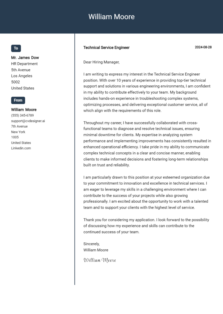 Technical Service Engineer Cover Letter Examples & Samples for 2025