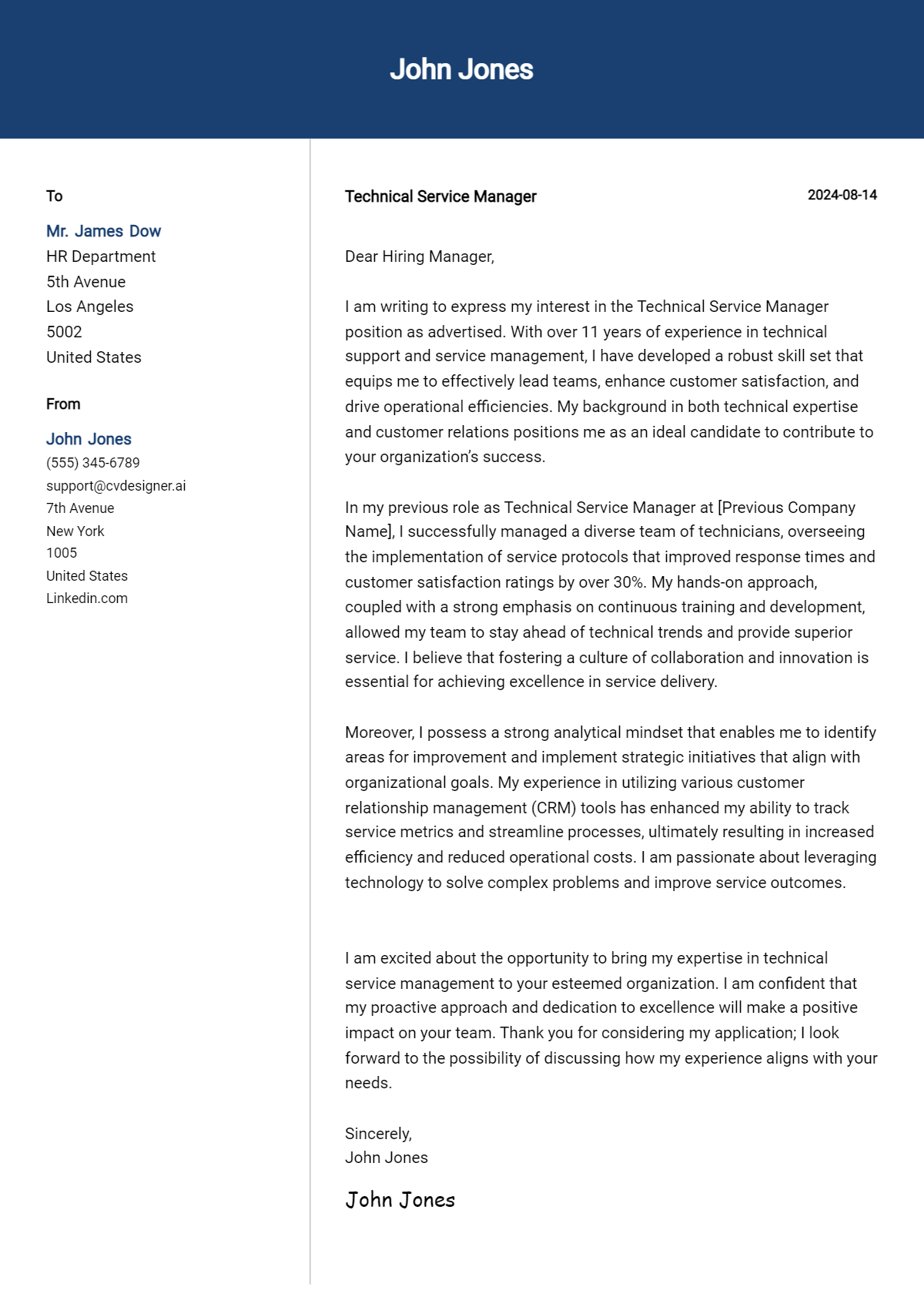 technical service manager cover letter example