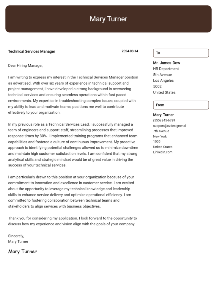 technical services manager cover letter example