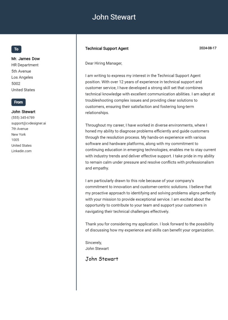 Technical Support Agent Cover Letter Example for 2025 (Writing Guide)