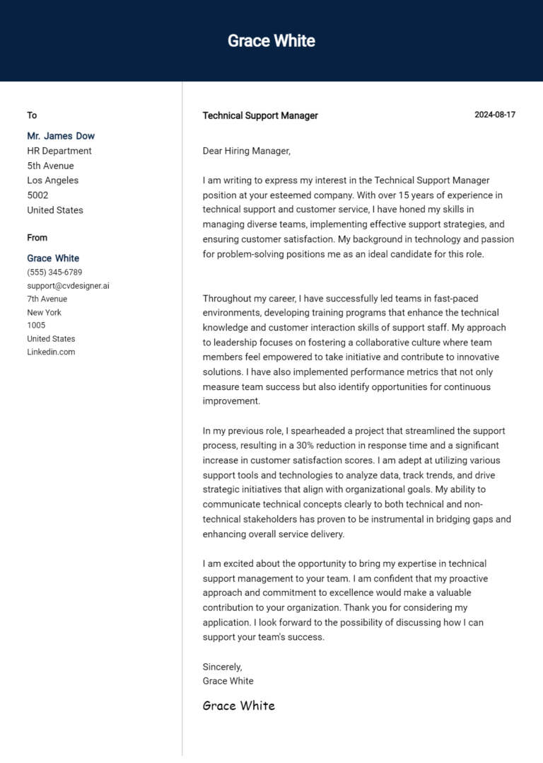 10 Technical Support Manager Cover Letter Examples for 2025 (Downloadable)