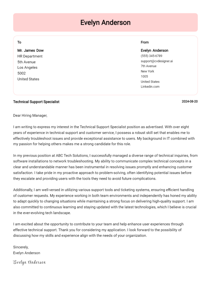 technical support specialist cover letter example