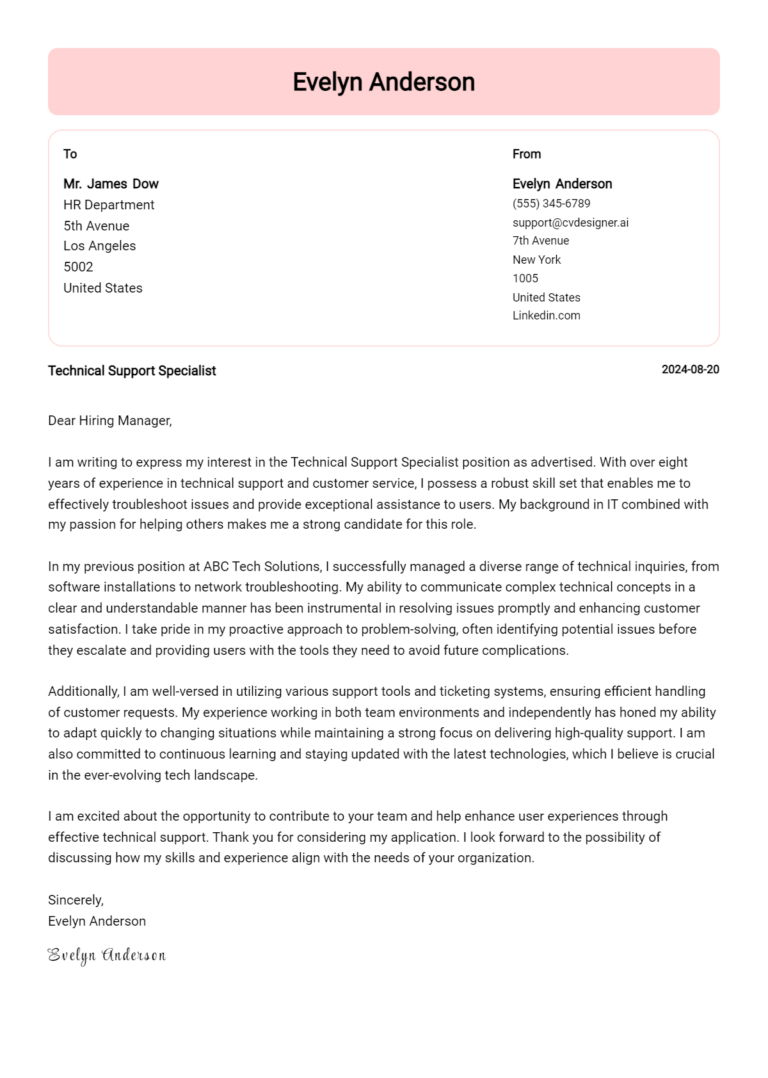 Technical Support Specialist Cover Letter Example for 2025: Free Templates 1 Technical Support Specialist Cover Letter Example for 2025: Free Templates