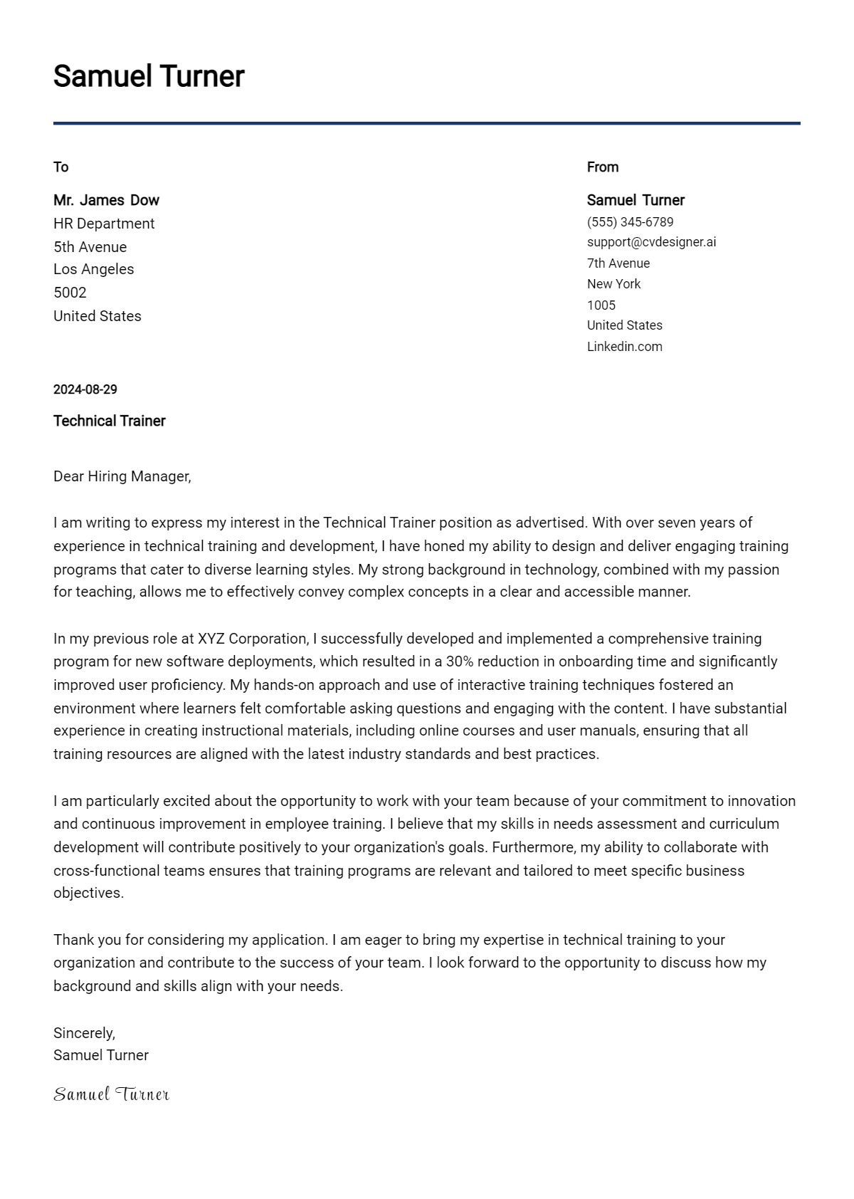 technical trainer cover letter example