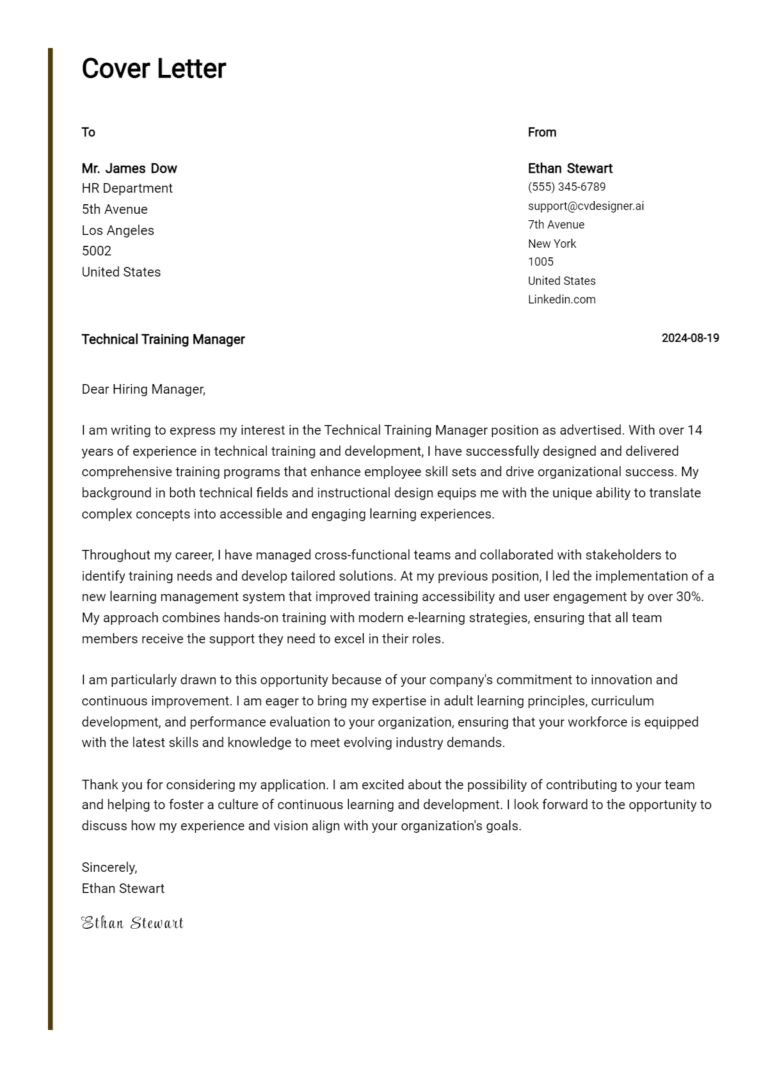 Technical Training Manager Cover Letter Examples and Templates for 2025