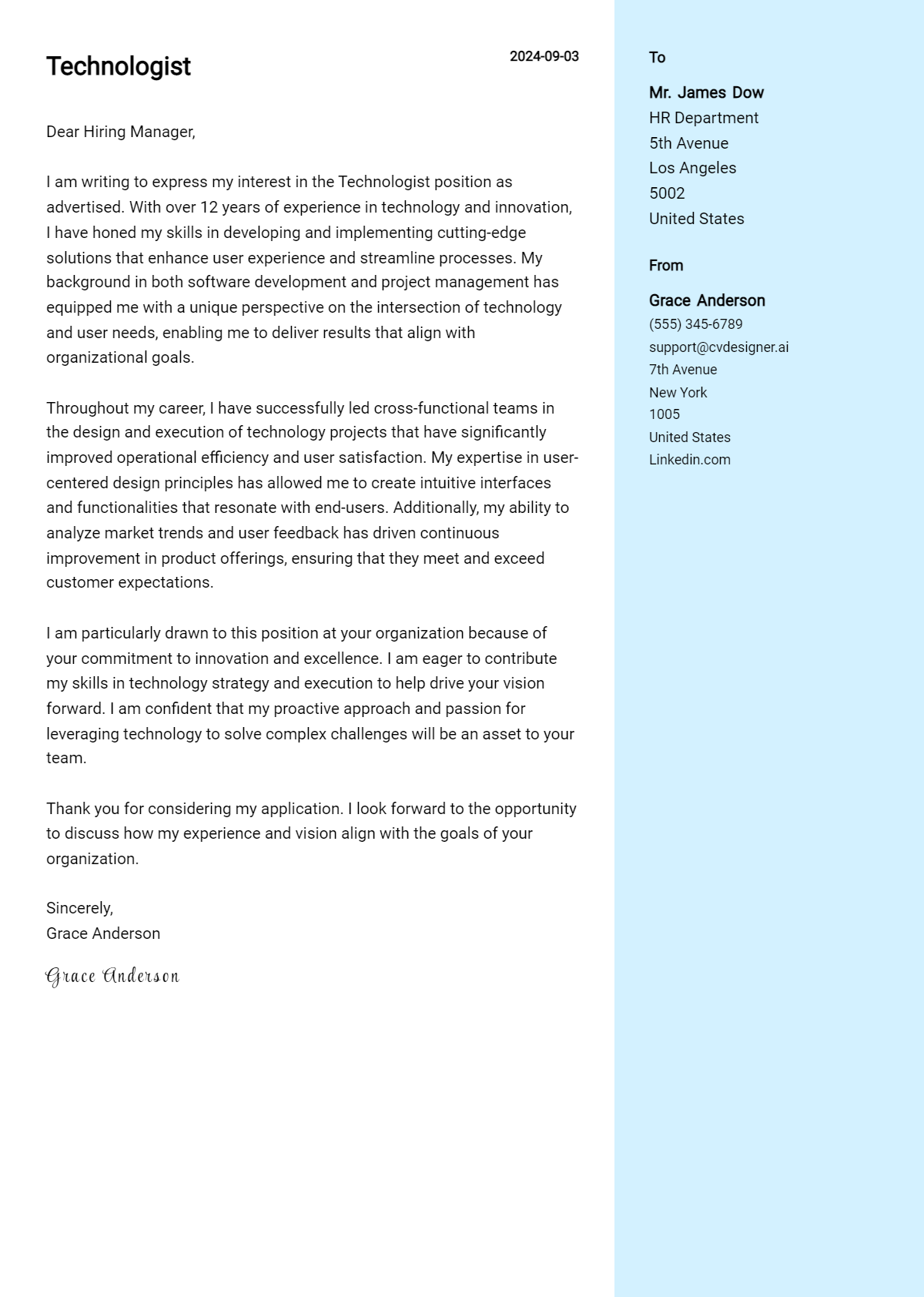 technologist cover letter example