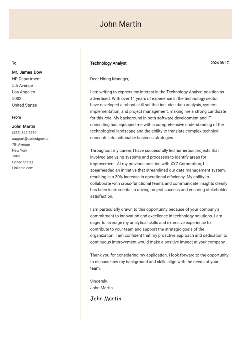 Technology Analyst Cover Letter Examples with Writing Tips for 2025