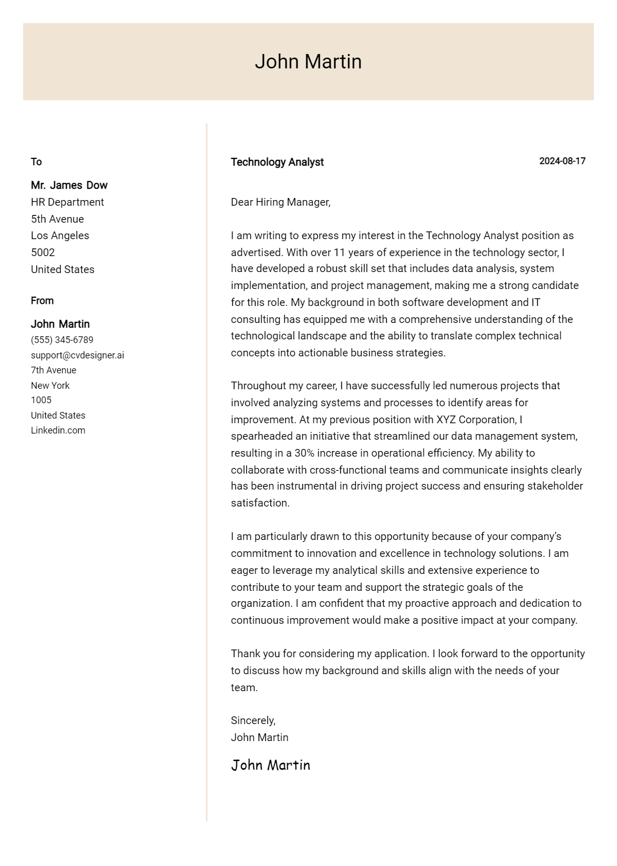 technology analyst cover letter example