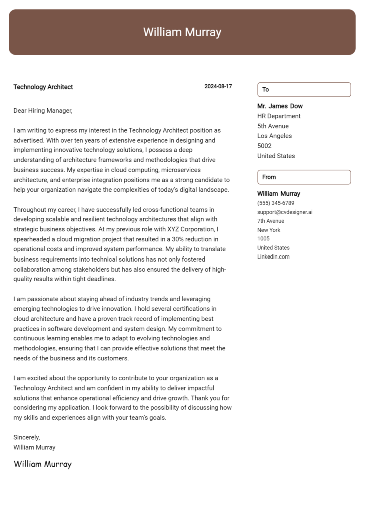 technology architect cover letter example