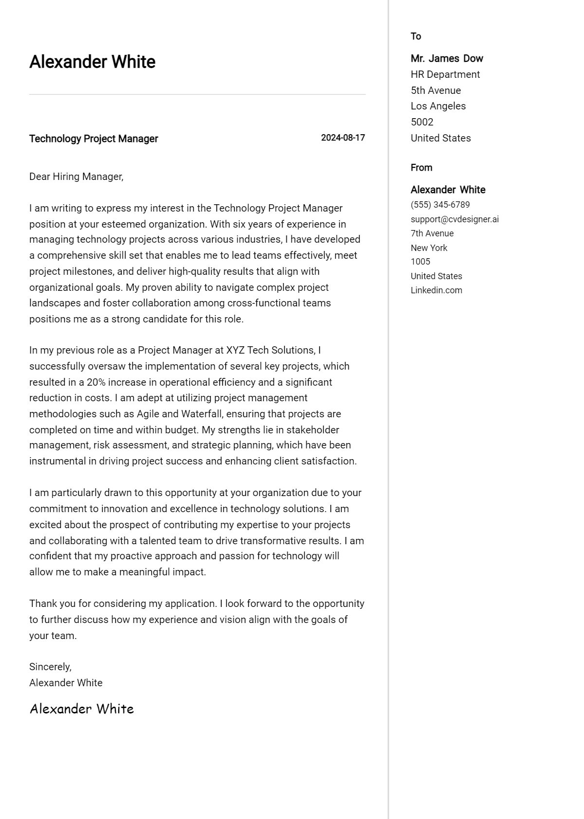 technology project manager cover letter example