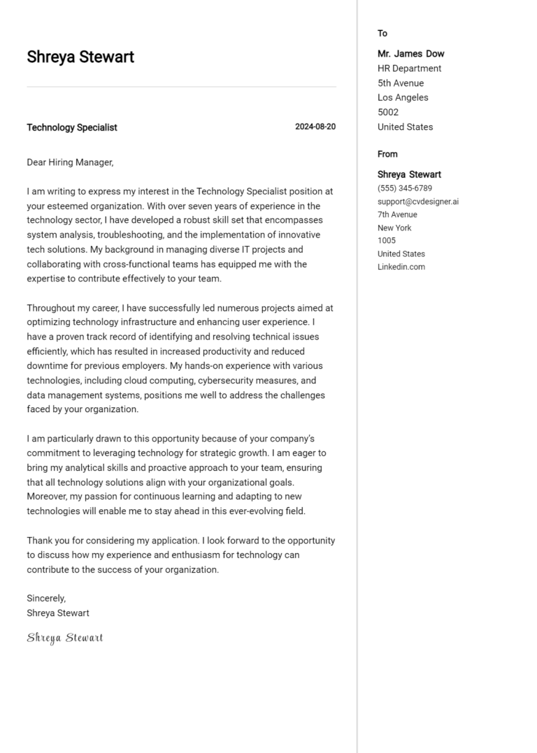 Technology Specialist Cover Letter Examples & Samples for 2025