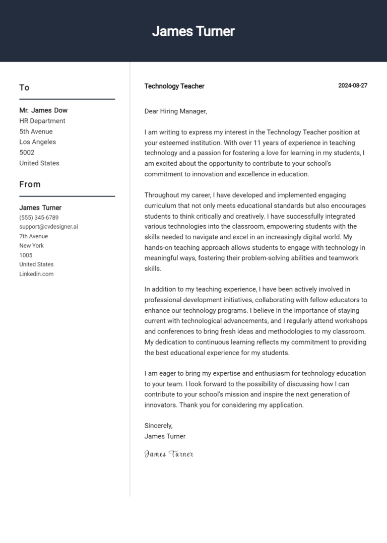Technology Teacher Cover Letter Example for 2025 (Writing Guide)