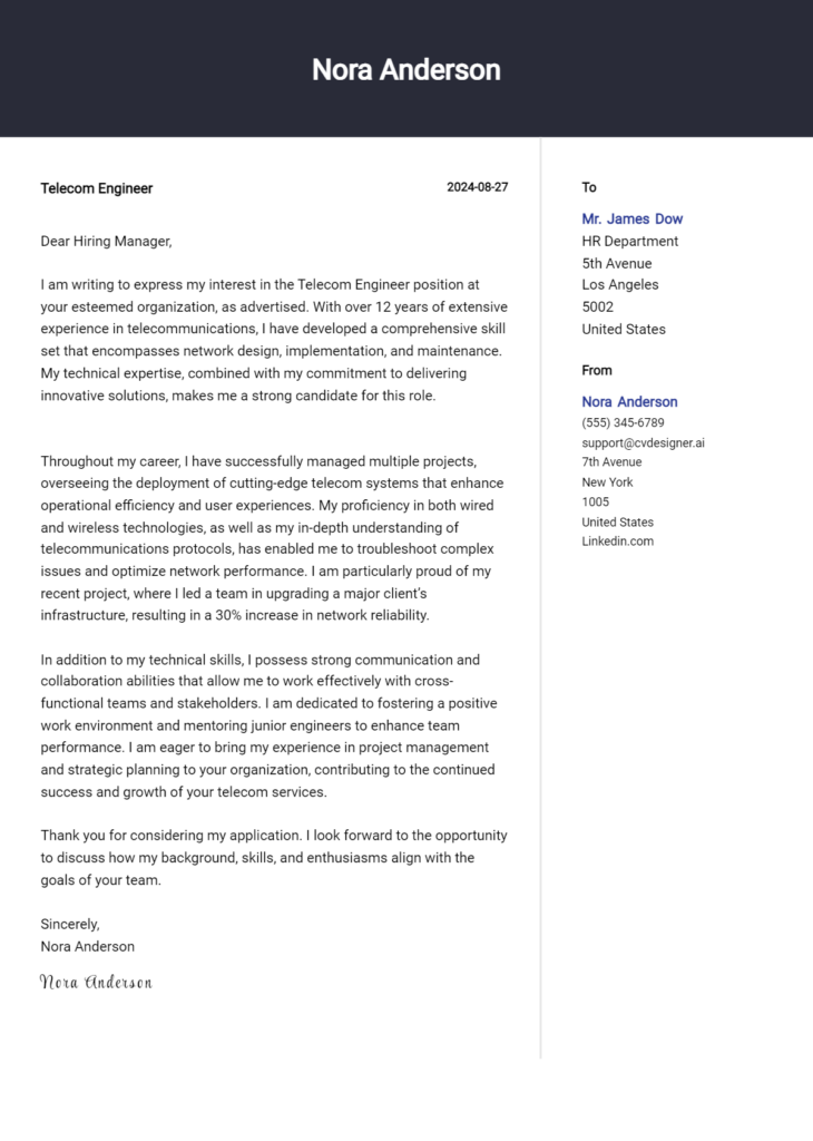 telecom engineer cover letter example