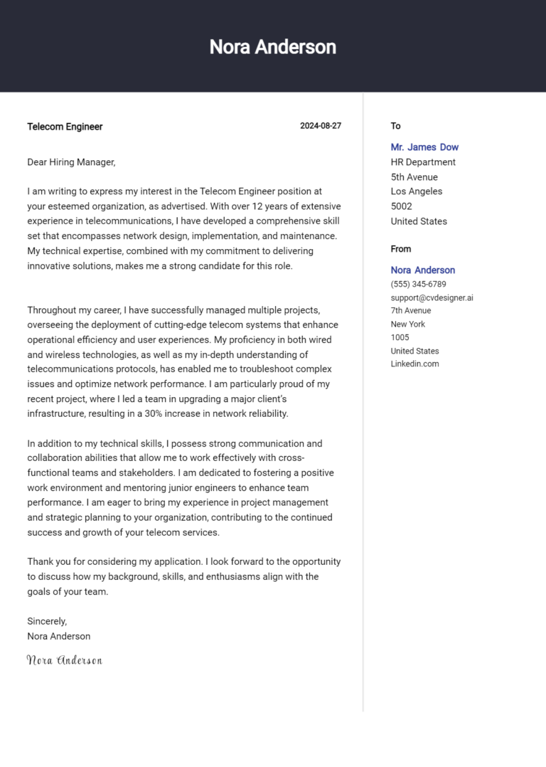 14 Telecom Engineer Cover Letter Examples for 2025 (Downloadable)