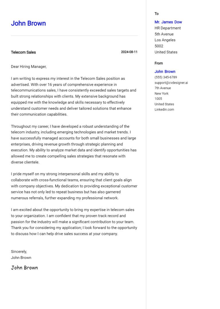 19 Telecom Sales Cover Letter Samples & Examples 2025