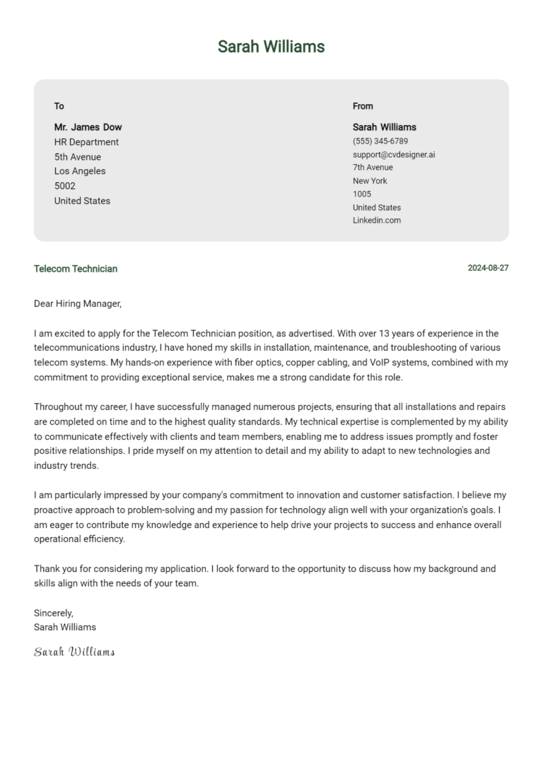 9 Telecom Technician Cover Letter Examples for 2025: Expert Tips & Templates