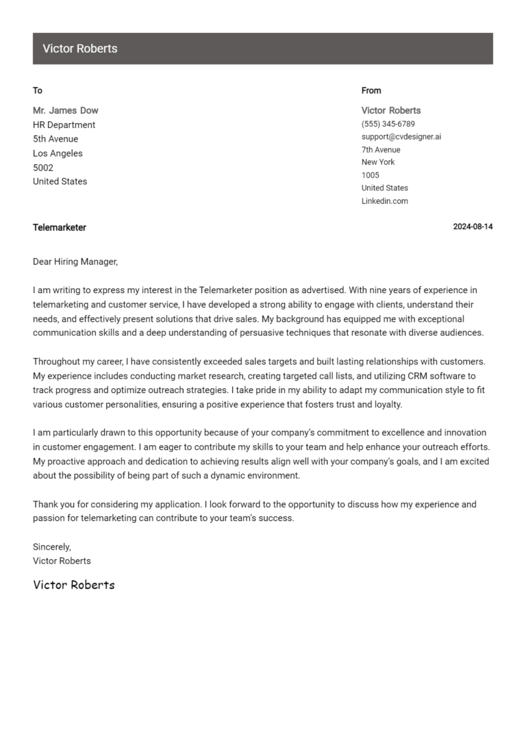 Telemarketer Cover Letter Example for 2025: Proven Tips