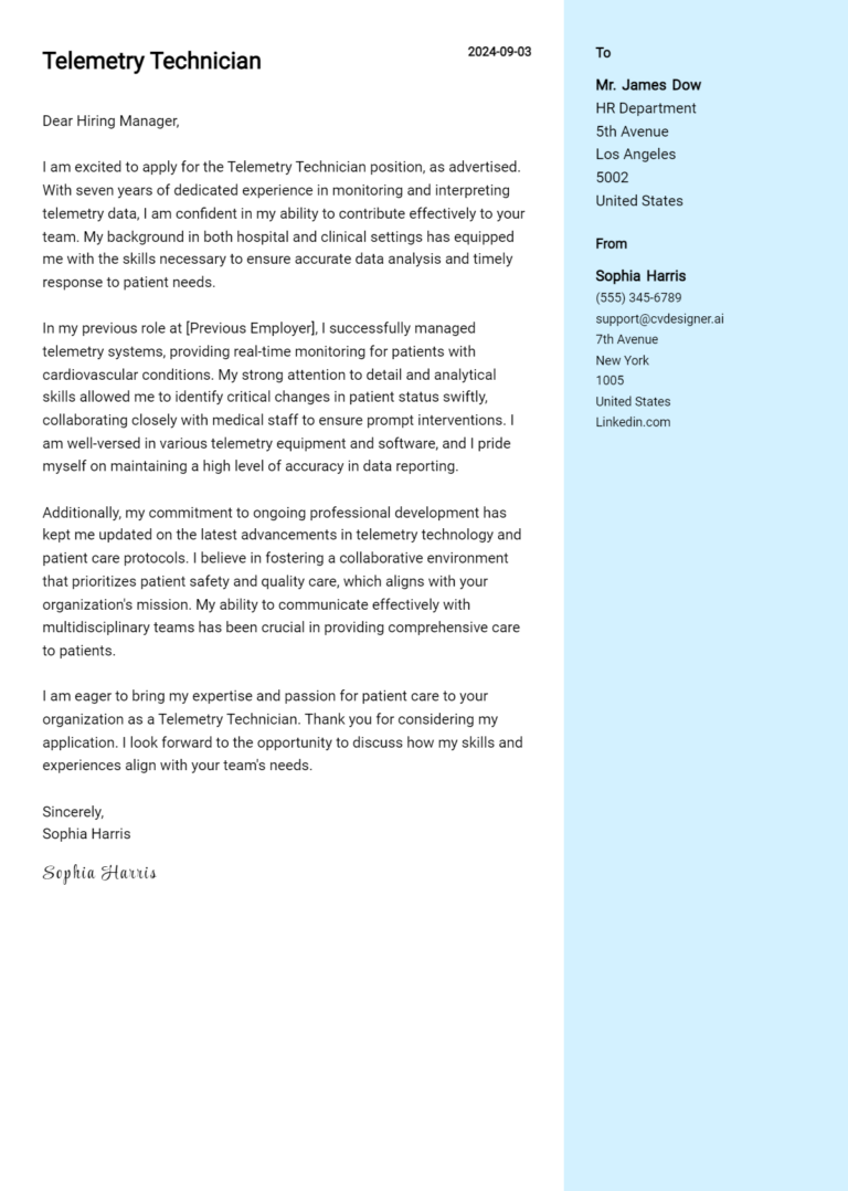 Telemetry Technician Cover Letter Example for 2025: Top CV Skills
