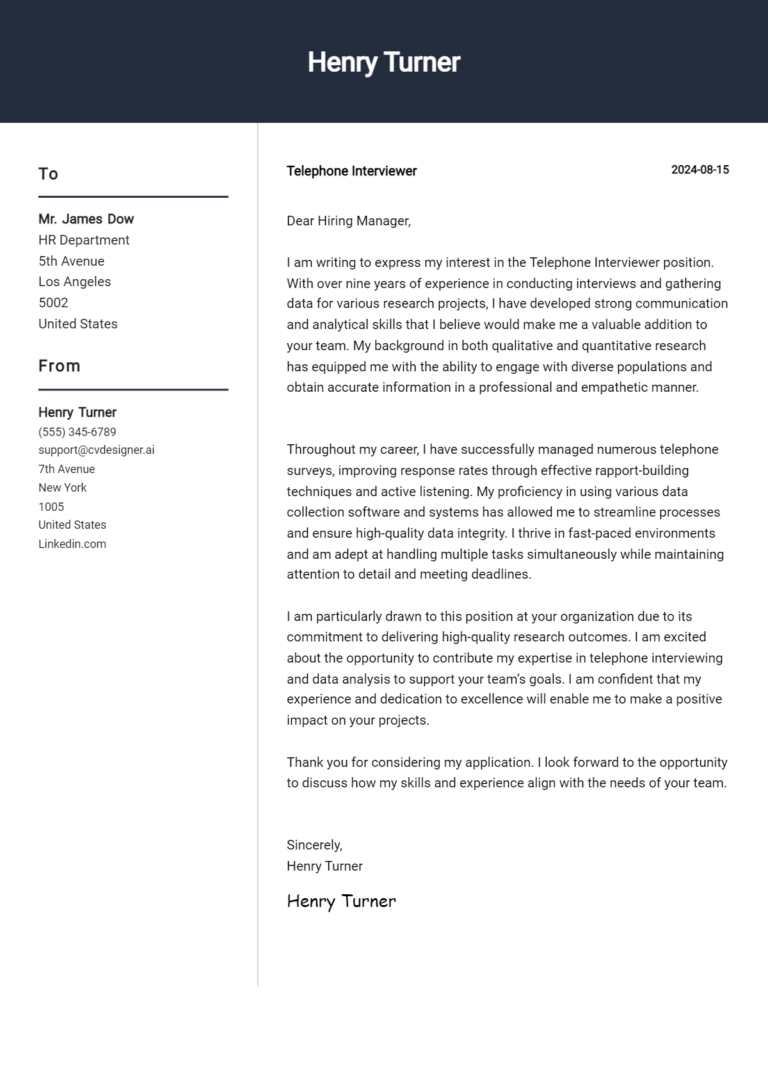 Telephone Interviewer Cover Letter Examples and Templates for 2025 1 Telephone Interviewer Cover Letter Examples and Templates for 2025