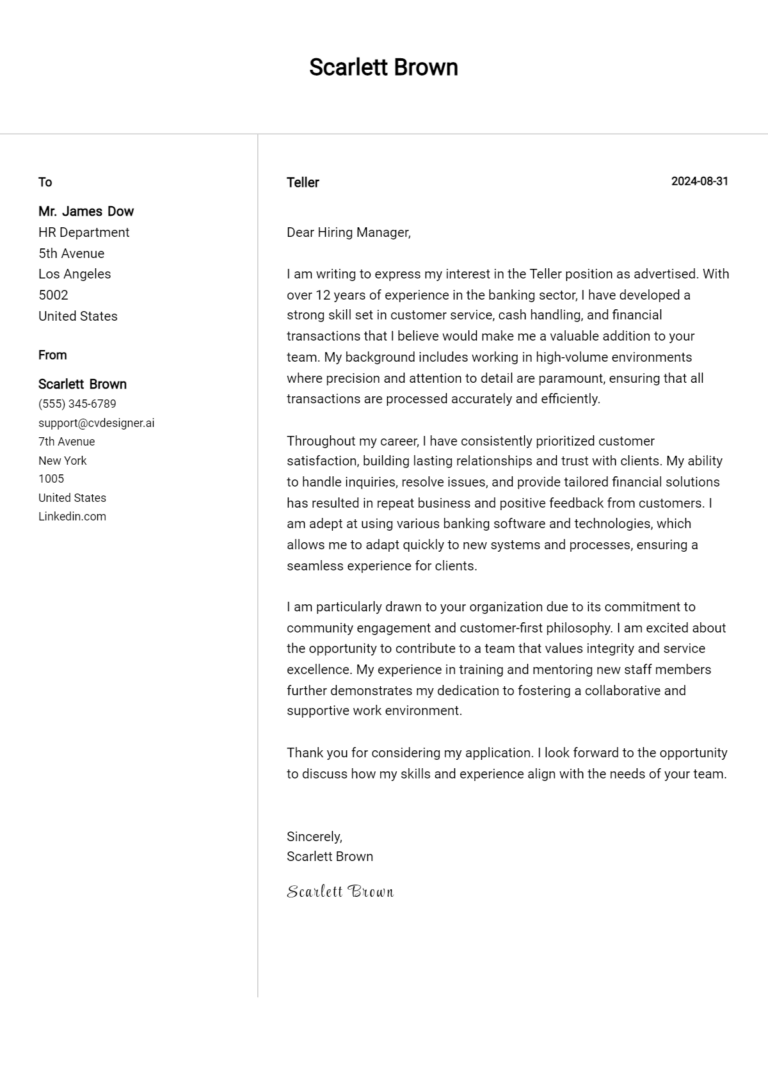 Teller Cover Letter Example for 2025: Expert Tips & Templates