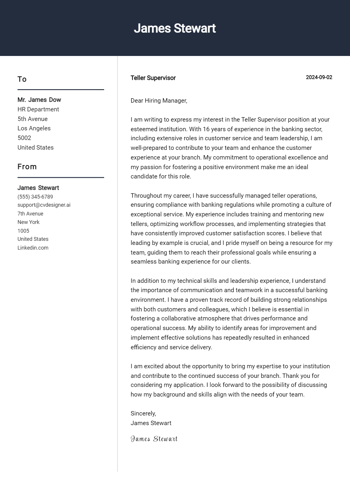 teller supervisor cover letter example