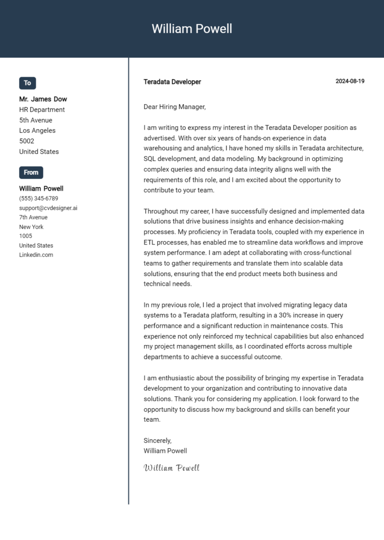 Teradata Developer Cover Letter Example for 2025: Top CV Skills