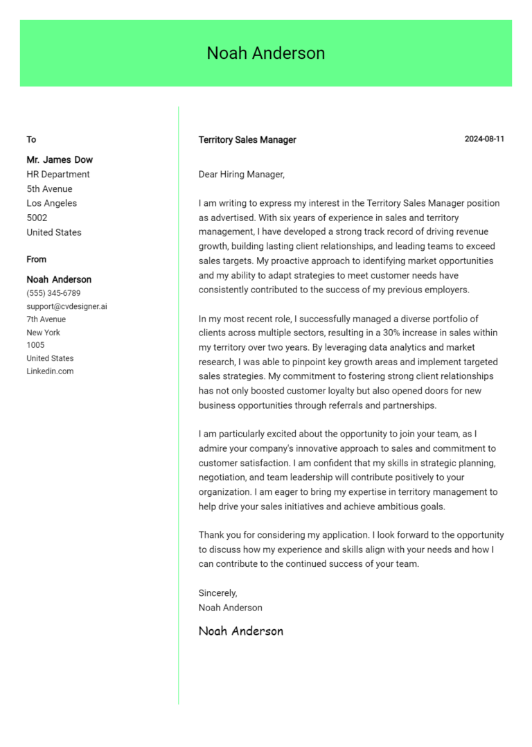 Territory Sales Manager Cover Letter Example for 2025: Free Templates
