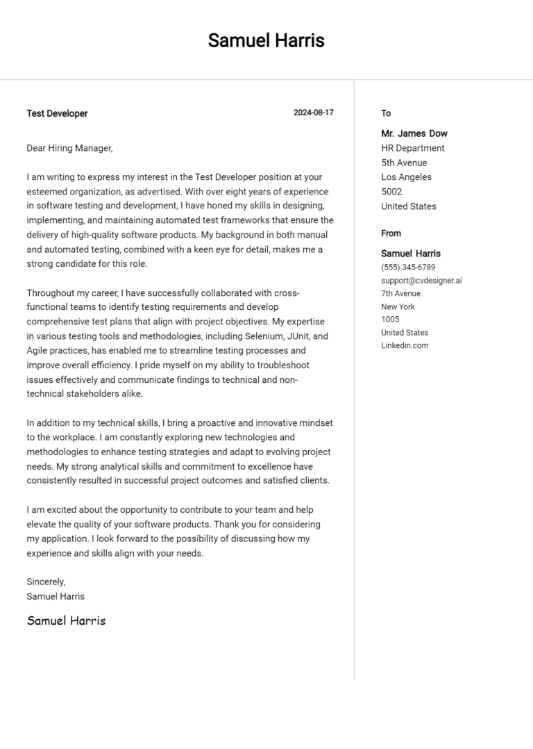 10 Test Developer Cover Letter Examples for 2025 (Free Templates)