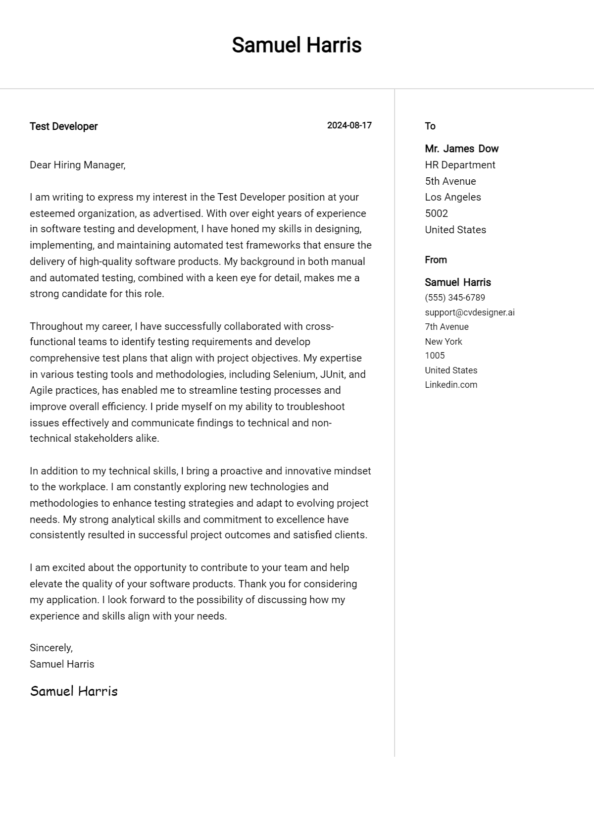 test developer cover letter example