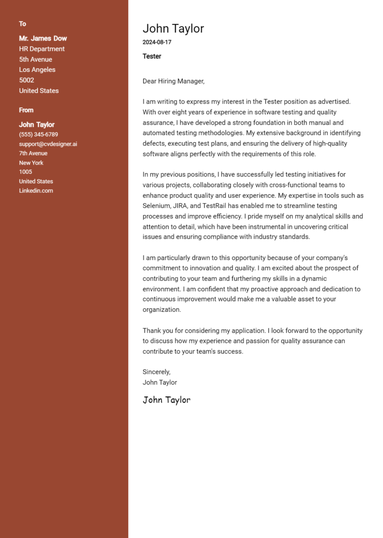 Tester Cover Letter Example for 2025 (Complete Writing Guide)