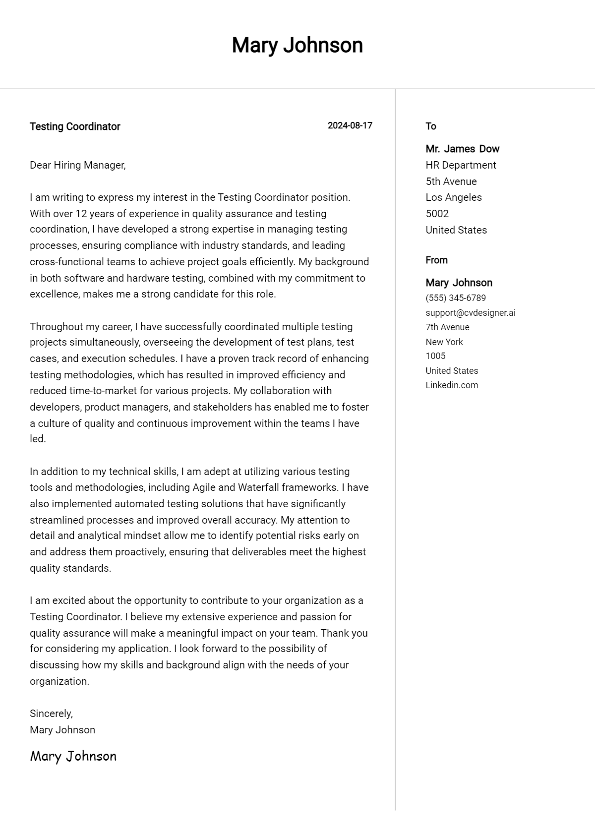 testing coordinator cover letter example