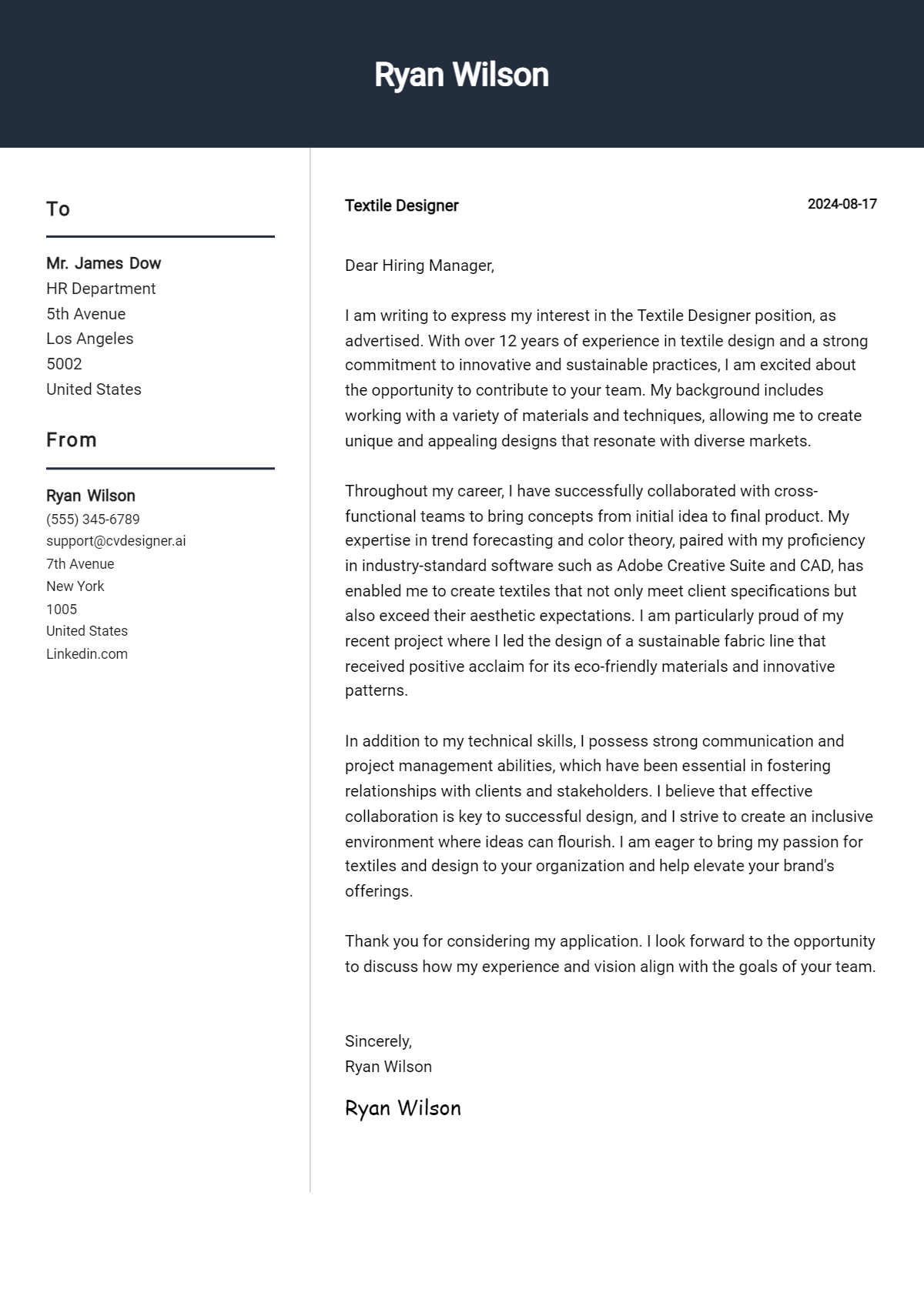 textile designer cover letter example