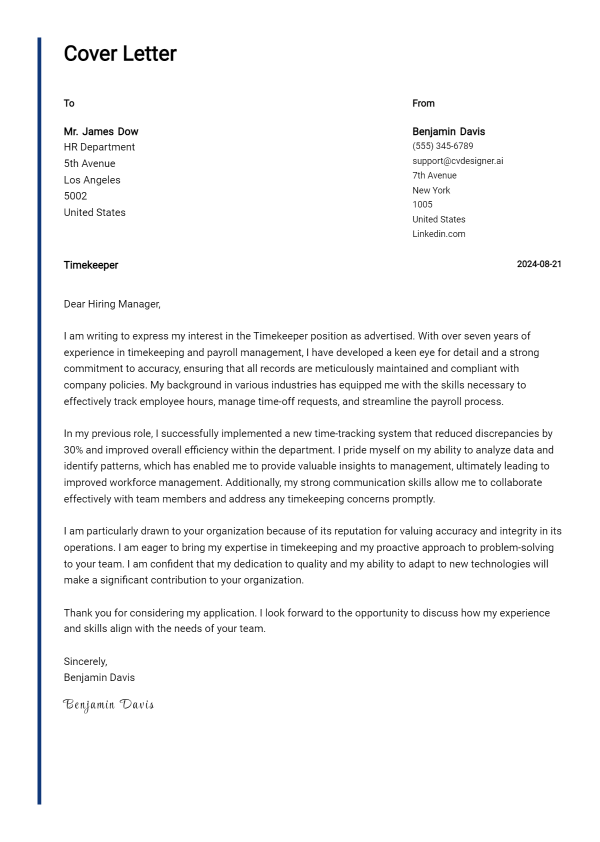 timekeeper cover letter example