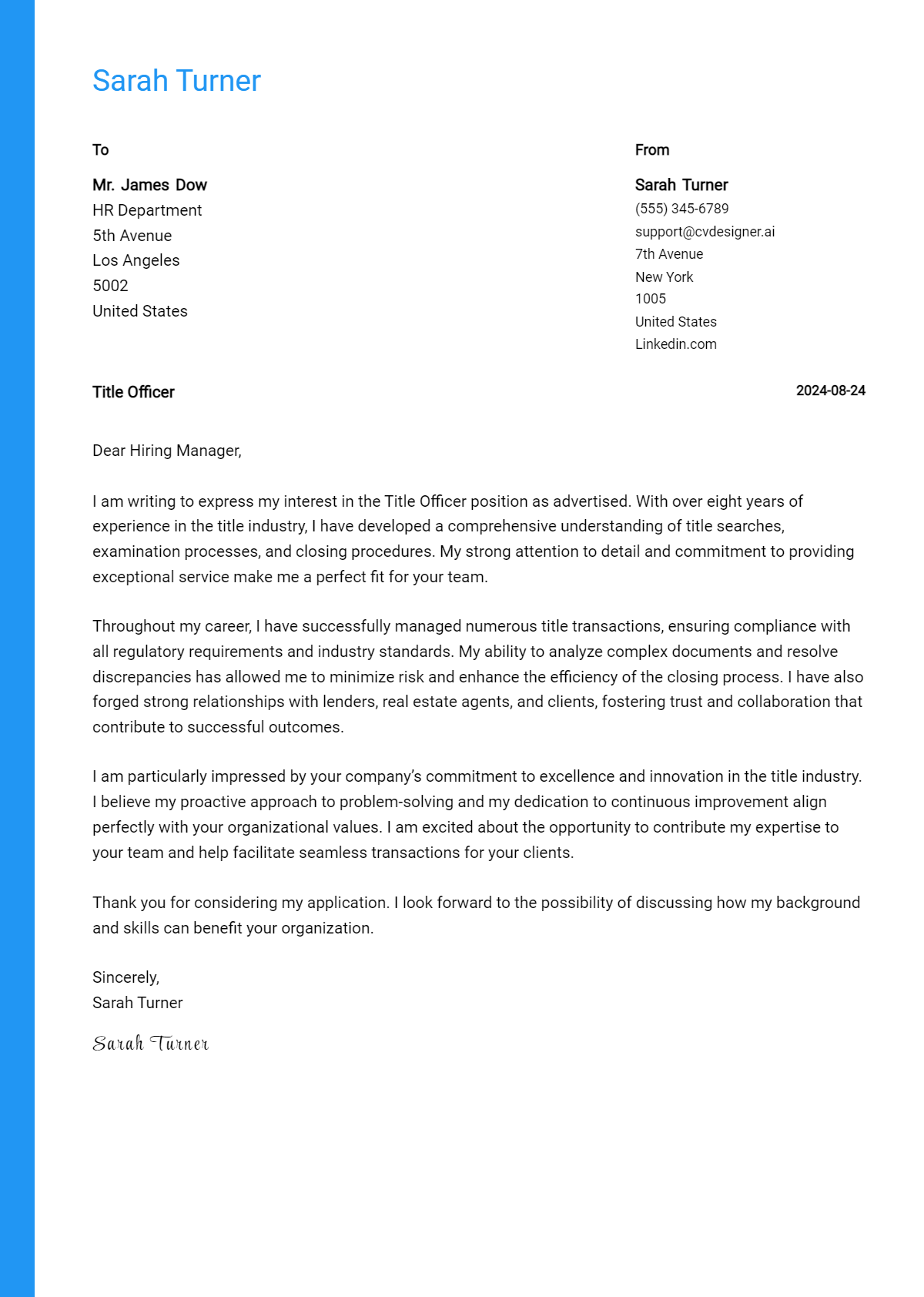 title officer cover letter example