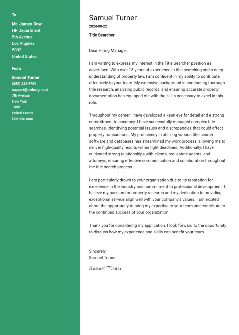 Title Searcher Cover Letter Example for 2025 (Writing Guide)