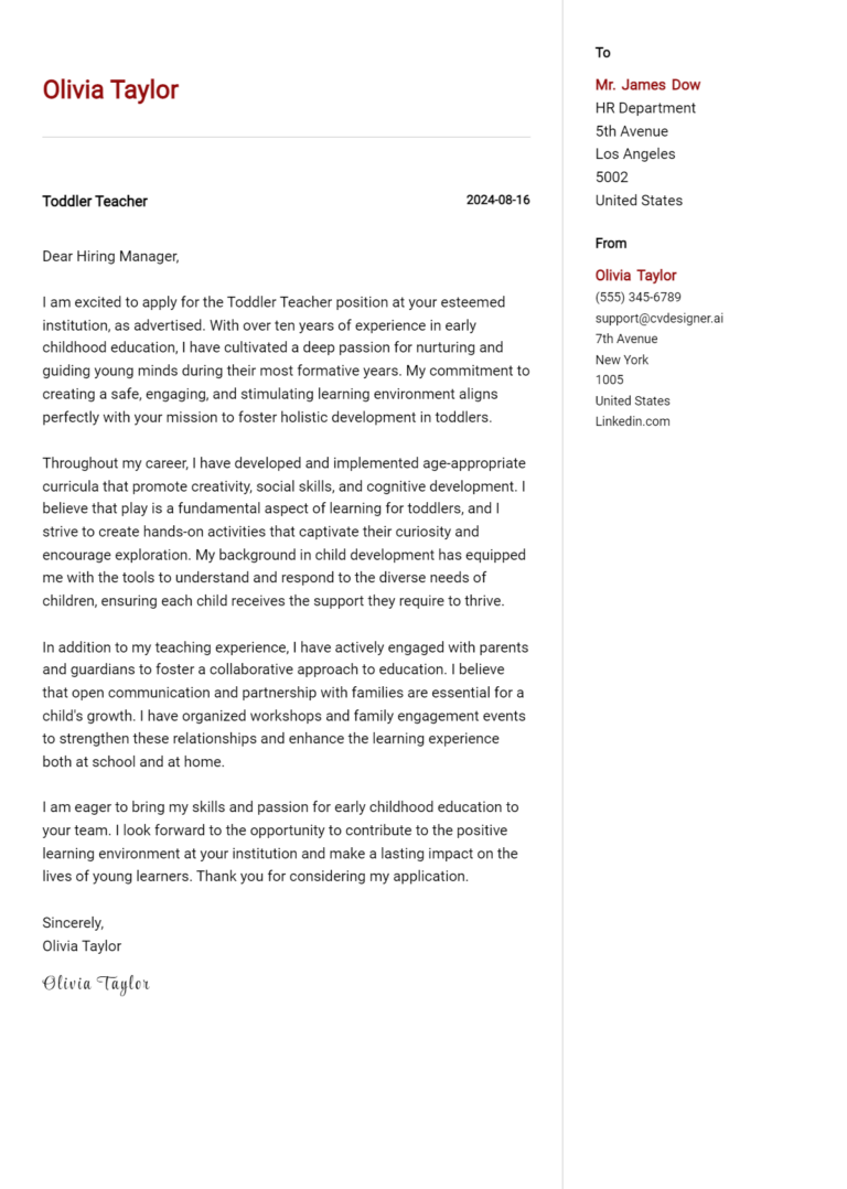Toddler Teacher Cover Letter Example for 2025 (Download Templates)