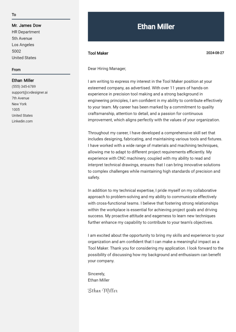 Tool Maker Cover Letter Example for 2025 (Complete Writing Guide) 1 Tool Maker Cover Letter Example for 2025 (Complete Writing Guide)