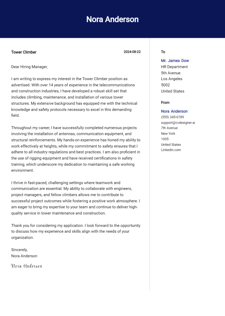 Tower Climber Cover Letter Example for 2025: Expert Tips & Templates