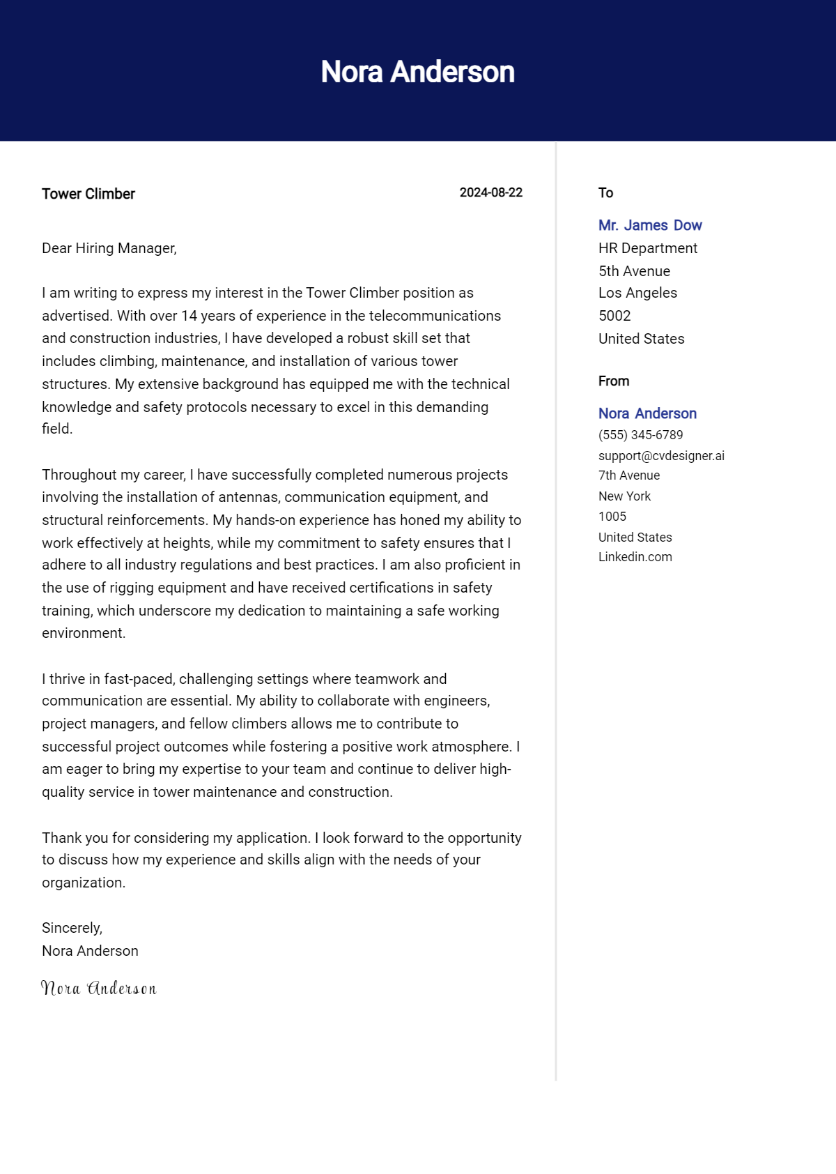 tower climber cover letter example