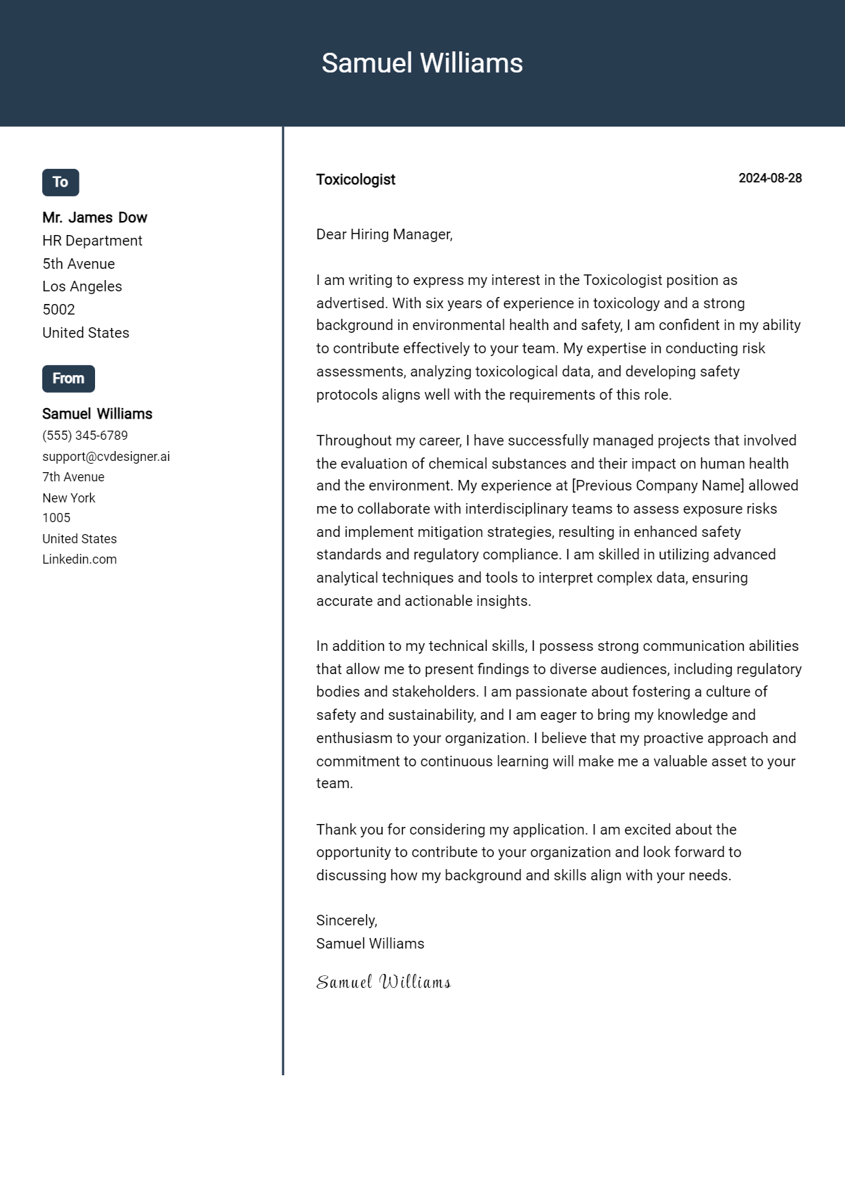 toxicologist cover letter example