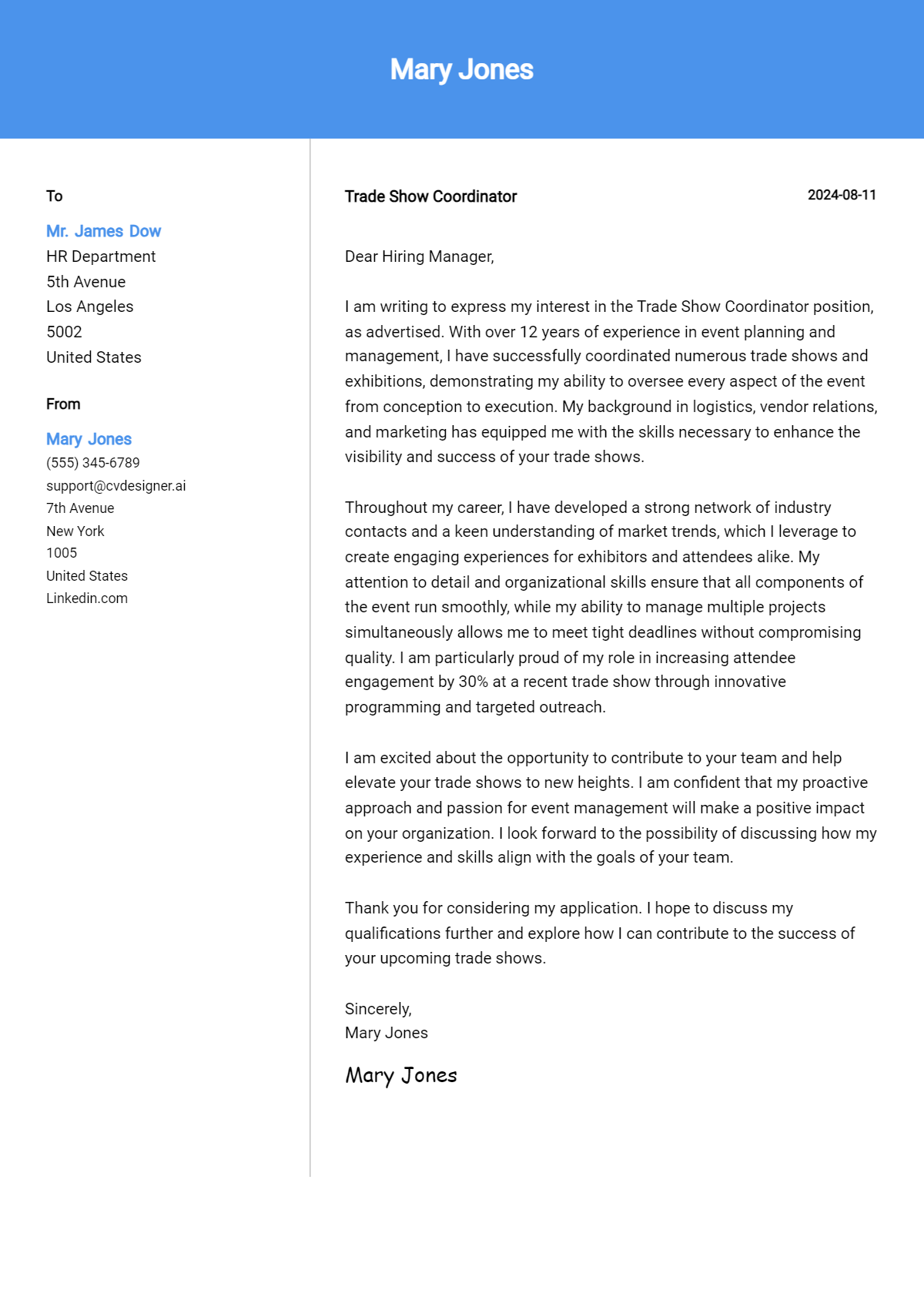 trade show coordinator cover letter example