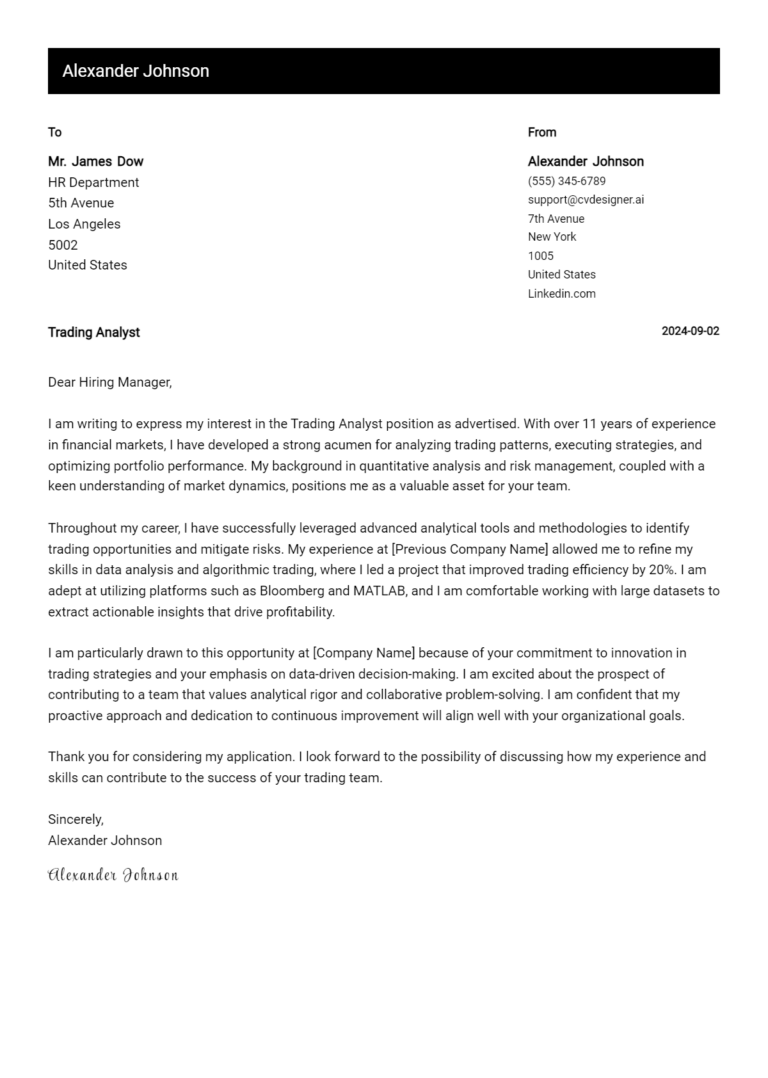 Trading Analyst Cover Letter Samples & Examples 2025