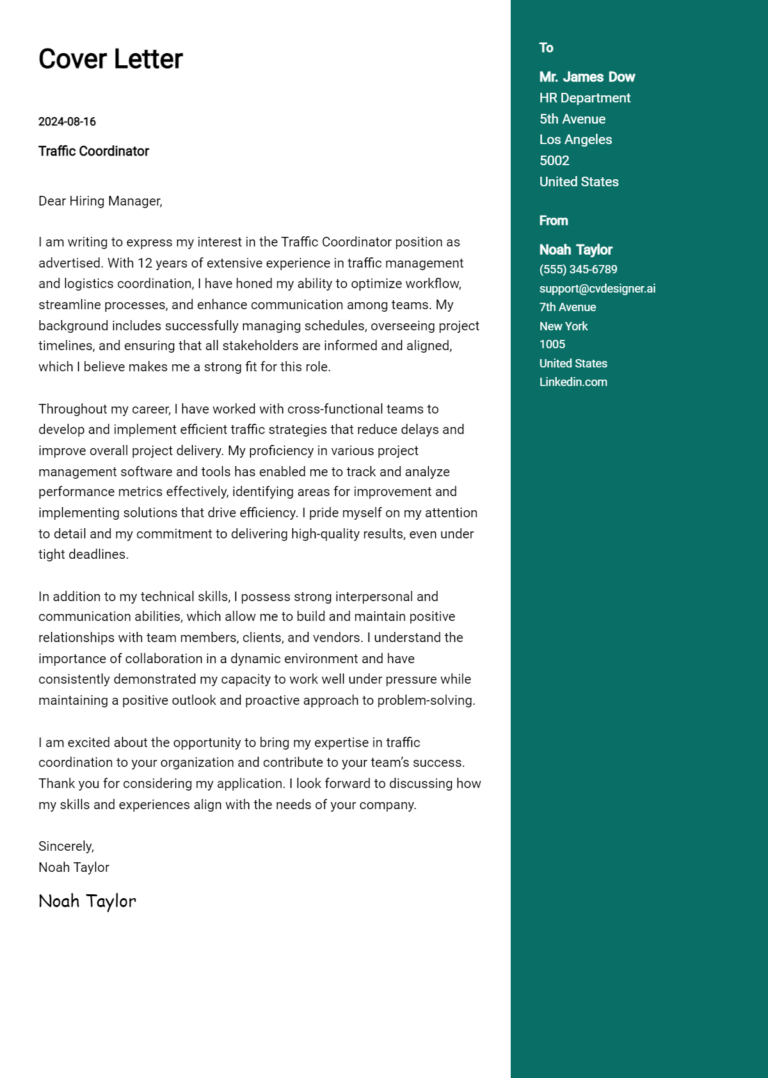 Traffic Coordinator Cover Letter Samples & Examples 2025