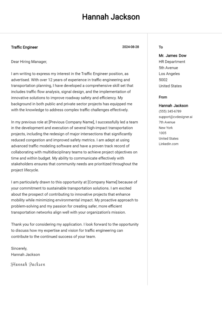 Traffic Engineer Cover Letter Examples & Samples for 2025
